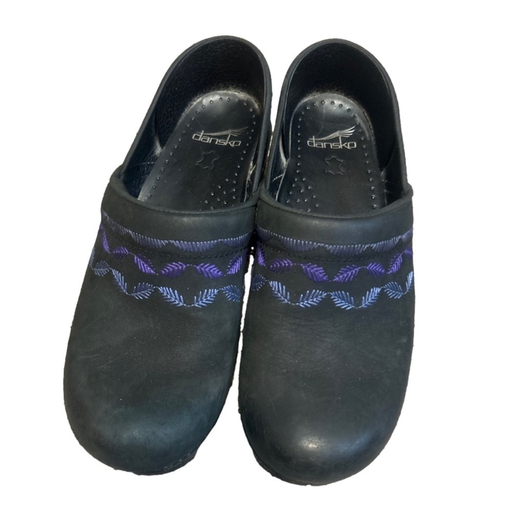 Dansko Black Leather Clogs with Purple Accent